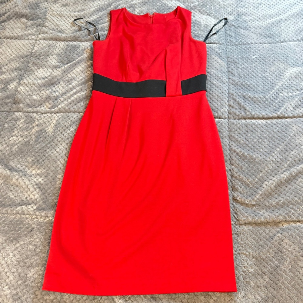 Calvin Klein Red Sleeveless Colorblock Sheath Dress Black Waist Inset Size 4